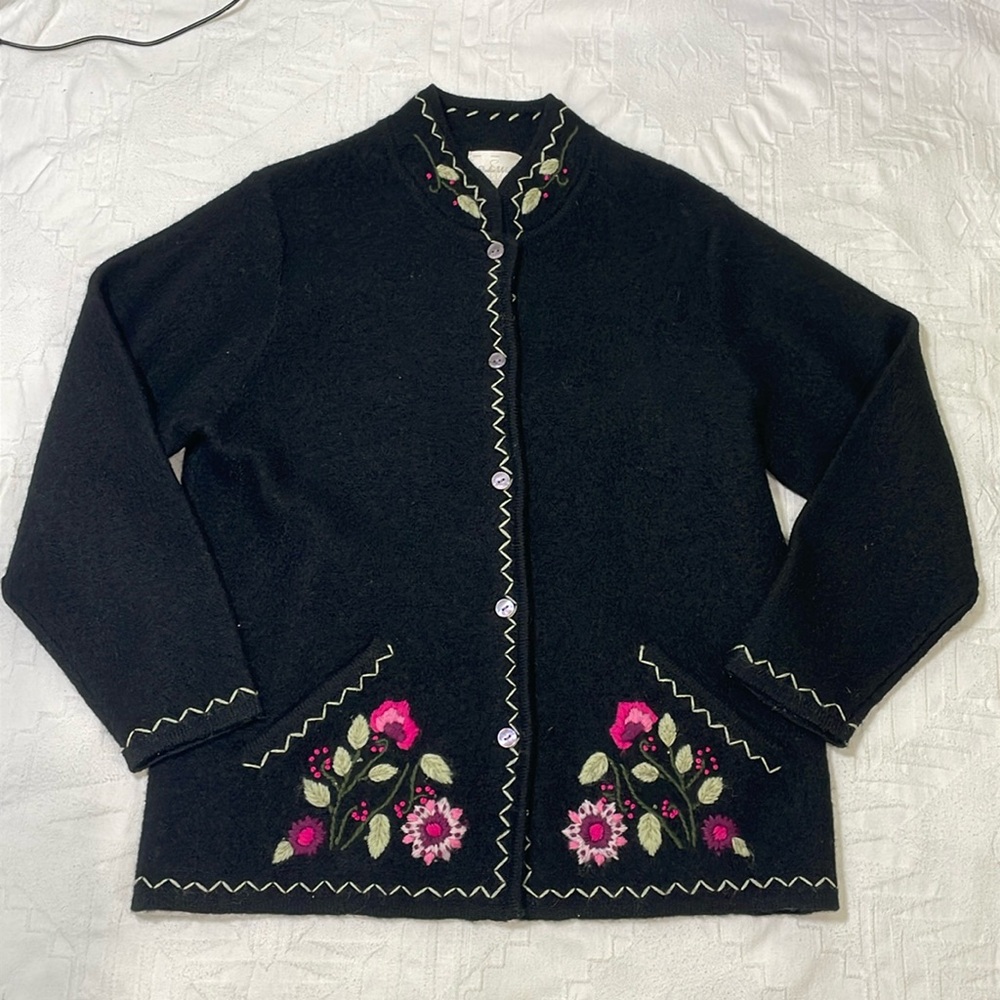 Stunning Wool Embroidered Floral Sweater Jacket Coat Cardigan Overlay SizeMedium - Picture 7 of 16